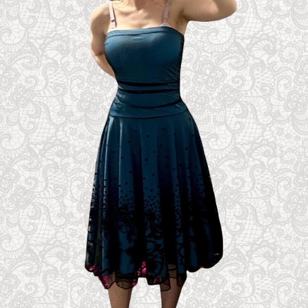 Blue Strapless Midi Formal Ruby Rox Prom Dress w/ Mesh Overlay Vintage
